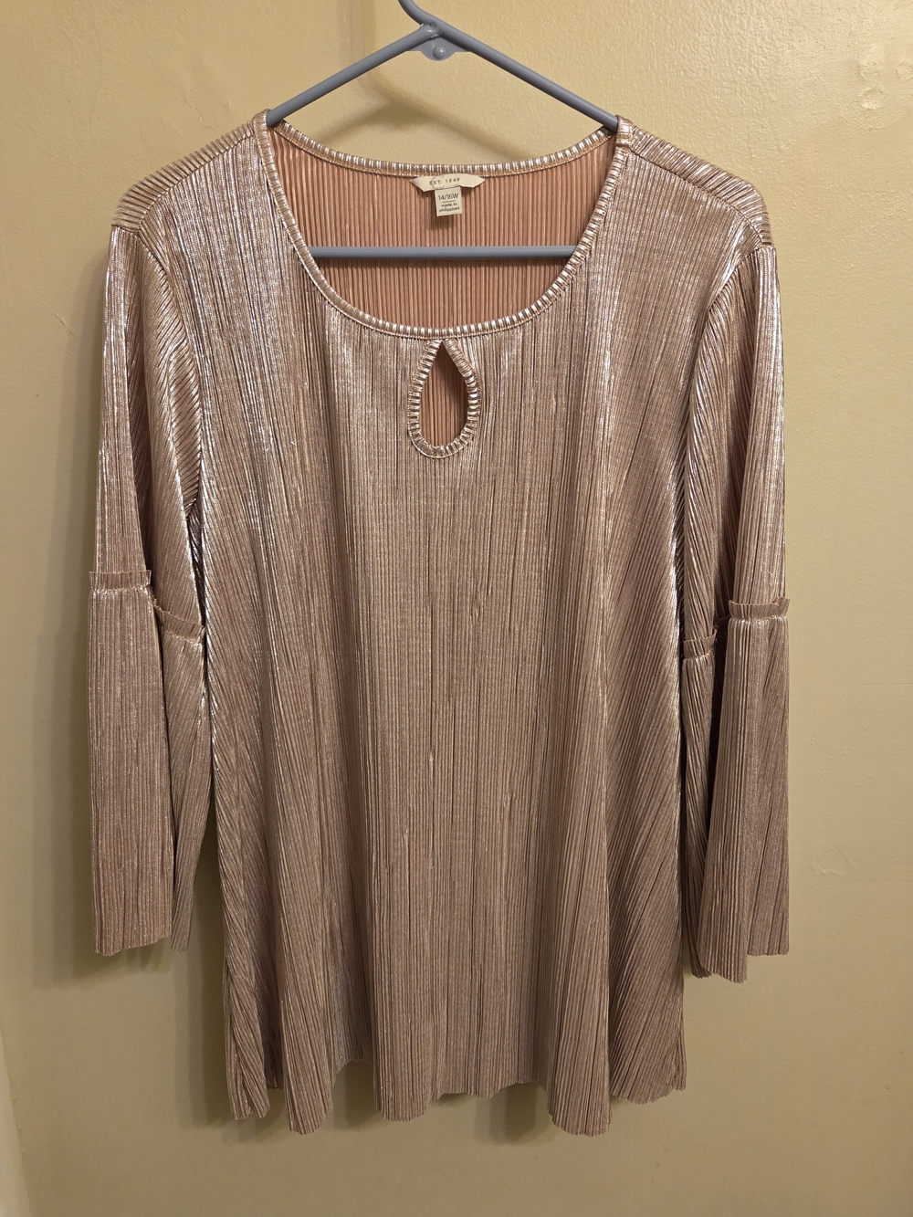 Est. 1946 Metallic Rose Gold Plissé Top 14/16W Bell Sleeve Tunic Glitz & Glam